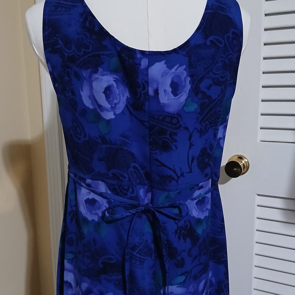 Chadwick's 4 MAXI Sleeveless FLORAL Side-Slit Blue Long Tie-Waist A-Line Dress - Picture 3 of 13